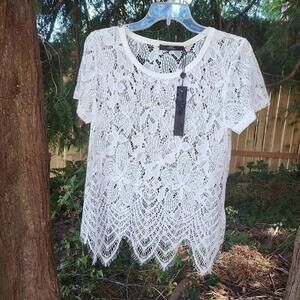 BKE Boutique White Lace Blouse Small NWT Sheer Boho Top Buckle